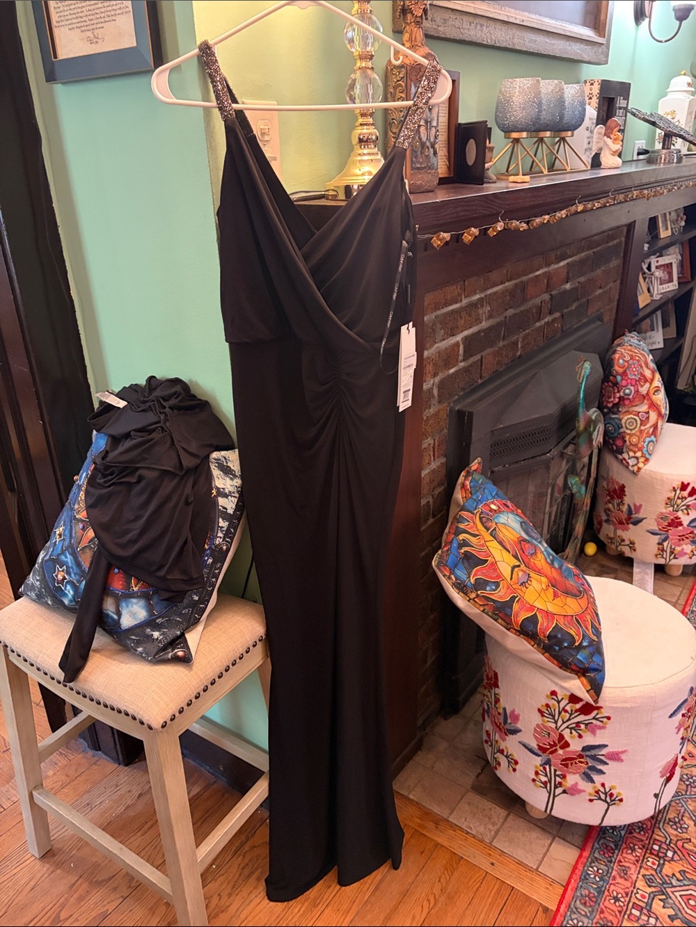 Calvin Klein Black Evening Gown with Embellished Straps